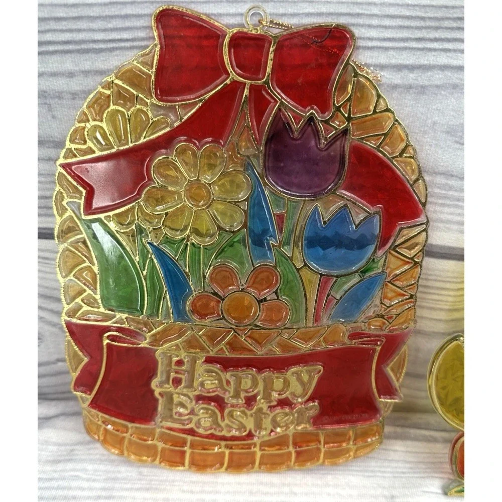 VINTAGE CHRISTMAS STAINED GLASS / EASTER PLASTIC STAINED‎ GLASS LOOK SUNCATCHERS